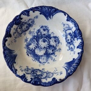 Antique Upper Hanley England Dahlia Flow Blue Floral Round Vegetable Bowl